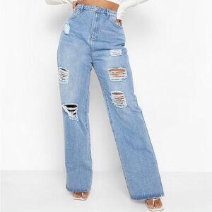 Boohoo Plus High Waisted Distressed Split Hem Wide Leg Jeans